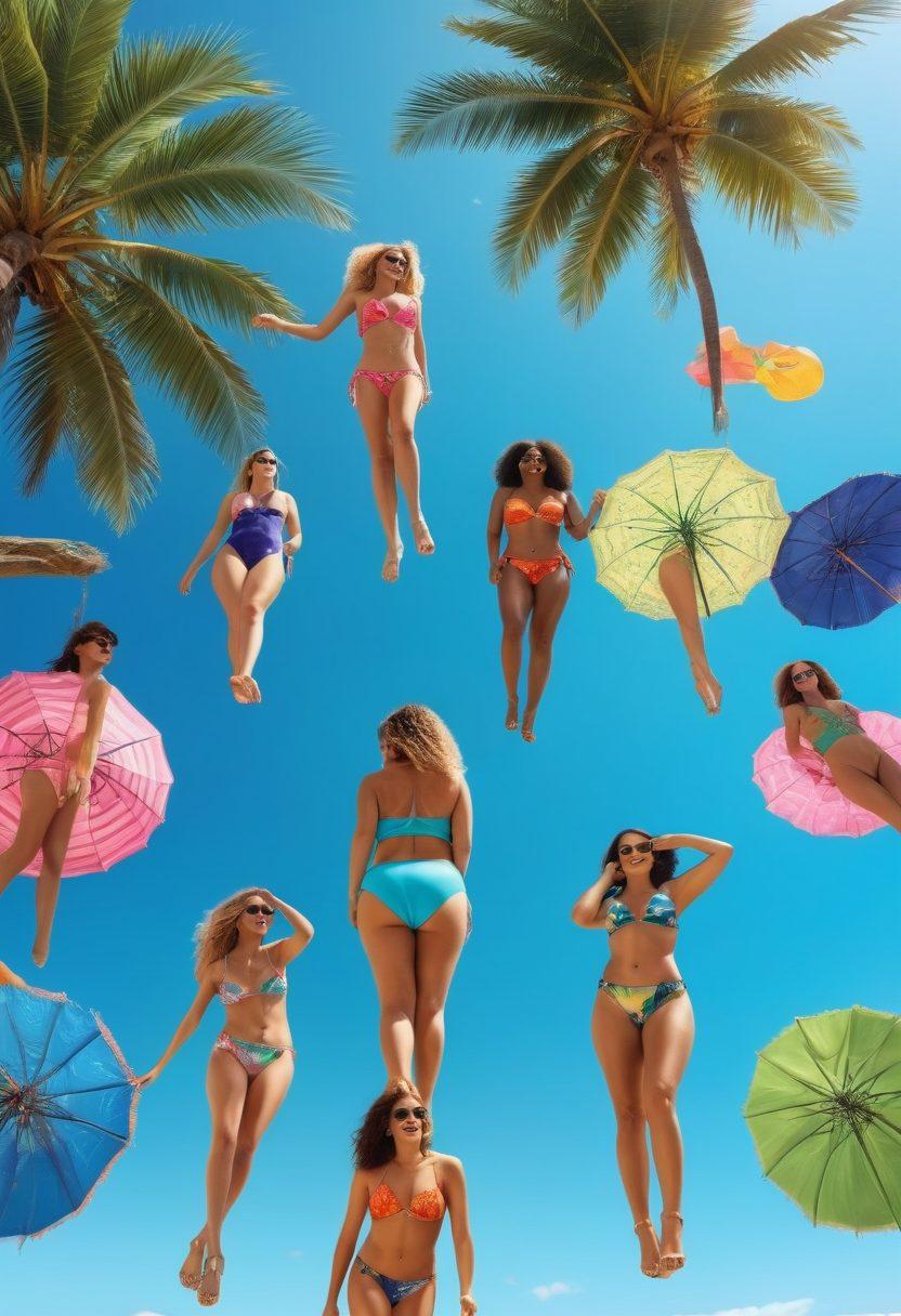 A sunlit beach scene featuring a diverse group of women joyfully trying on vibrant bikinis of different styles and colors under a clear blue sky. Include beach umbrellas, palm trees swaying gently in the breeze, and beach accessories like sunglasses and flip-flops scattered around. The atmosphere is playful and carefree, emphasizing body positivity and summer fun. super-realistic. vibrant colors. 3D.