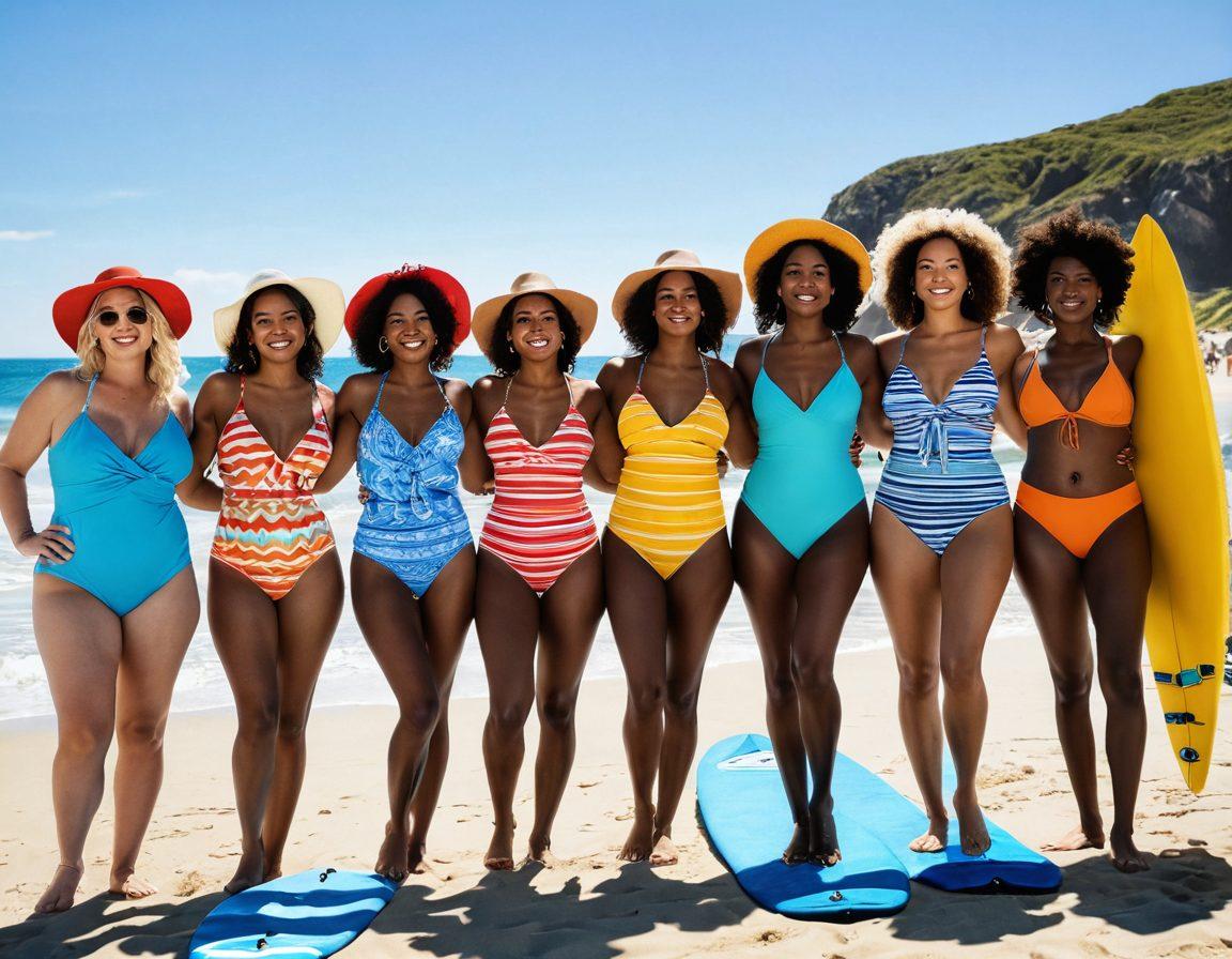 A diverse group of individuals joyfully showcasing beach fashion on a sunny shoreline, representing various body shapes and sizes. Brightly colored swimsuits, sun hats, and accessories reflect a vibrant atmosphere, with a backdrop of gentle waves and clear blue skies. Each person is confidently embodying their unique style while enjoying the warmth of the sun, surrounded by beach towels and surfboards. The scene radiates positivity and acceptance. vibrant colors. super-realistic. sunny atmosphere.